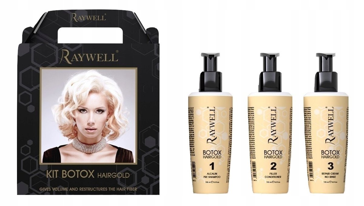 RAYWELL. Botox hairgold. Botoksa procedūras komplekts matu apjomam un matu šķiedru atjaunošanai, (3 x 150ml).